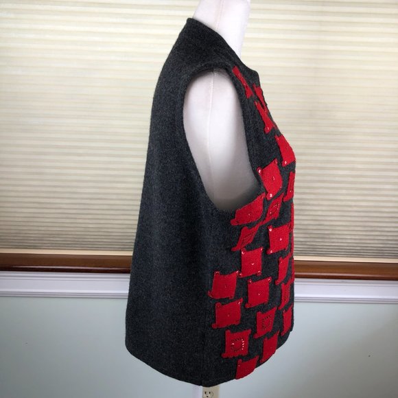 Susan Bristol 2001 Hand Embroidered Sequins Red & Gray Lambswool Front Zip Vest - Picture 4 of 15
